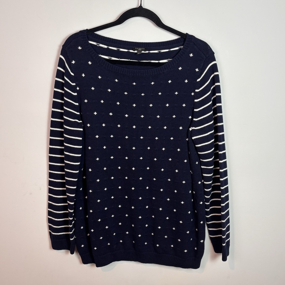 Talbots Cotton Navy White Dotted Striped Chunky Knit Womens Sweater 1X Classic